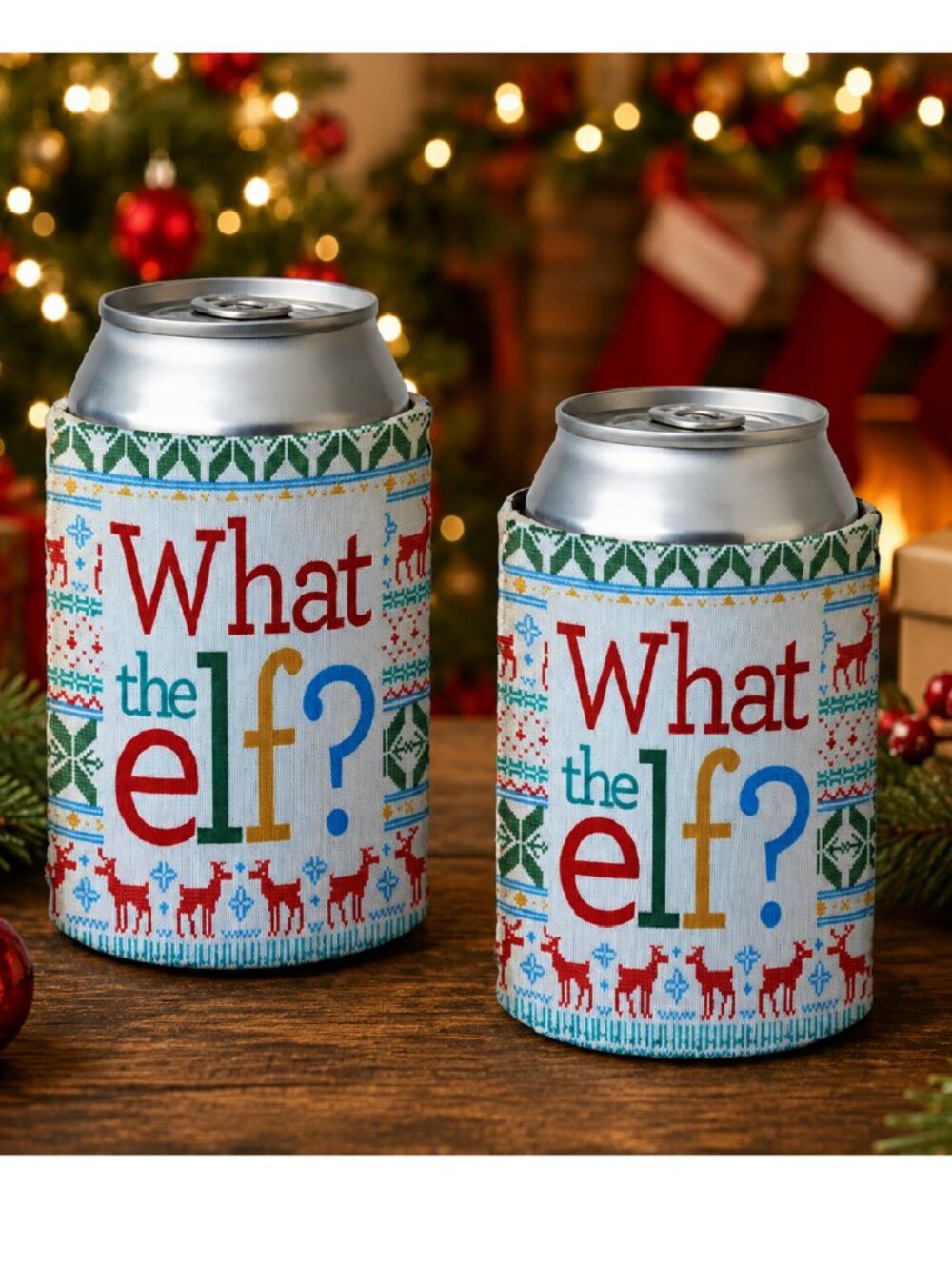 "What the Elf?" Set of Two Christmas Holiday Can Koozies Coolies